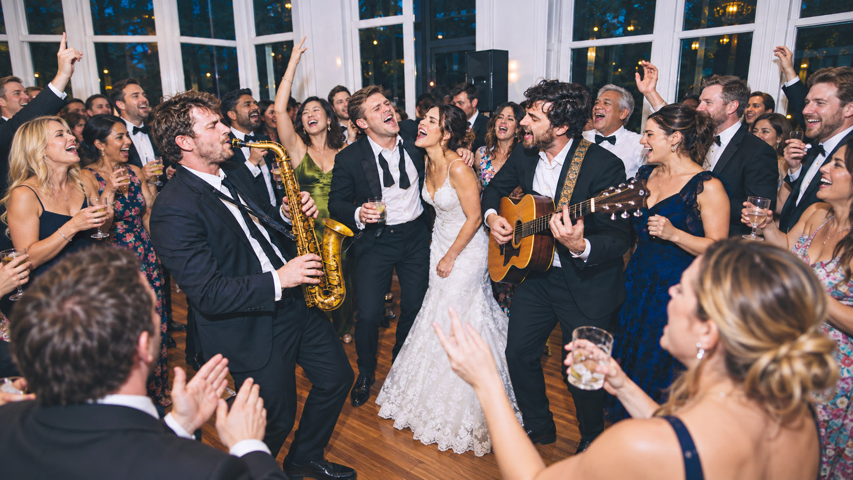 Wedding couple and guests celebrating with a saxophonist and guitarist