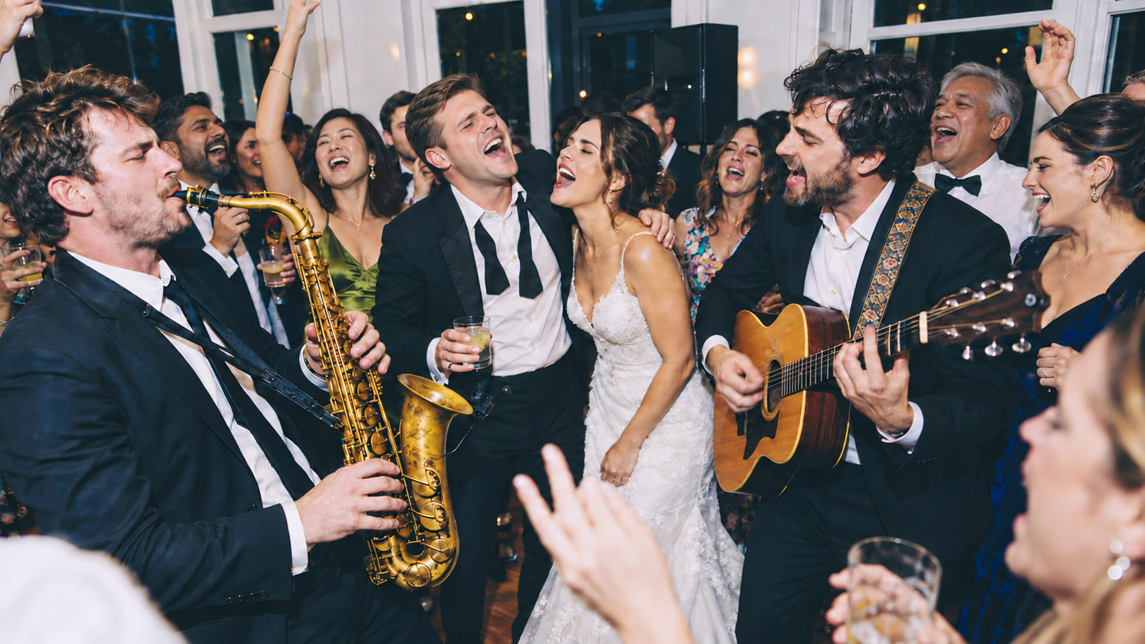 Wedding couple and guests celebrating with a saxophonist and guitarist